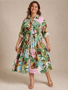 Mlle Gabrielle Floral Panel Shirt Midi Dress in Pink, Blue & Green